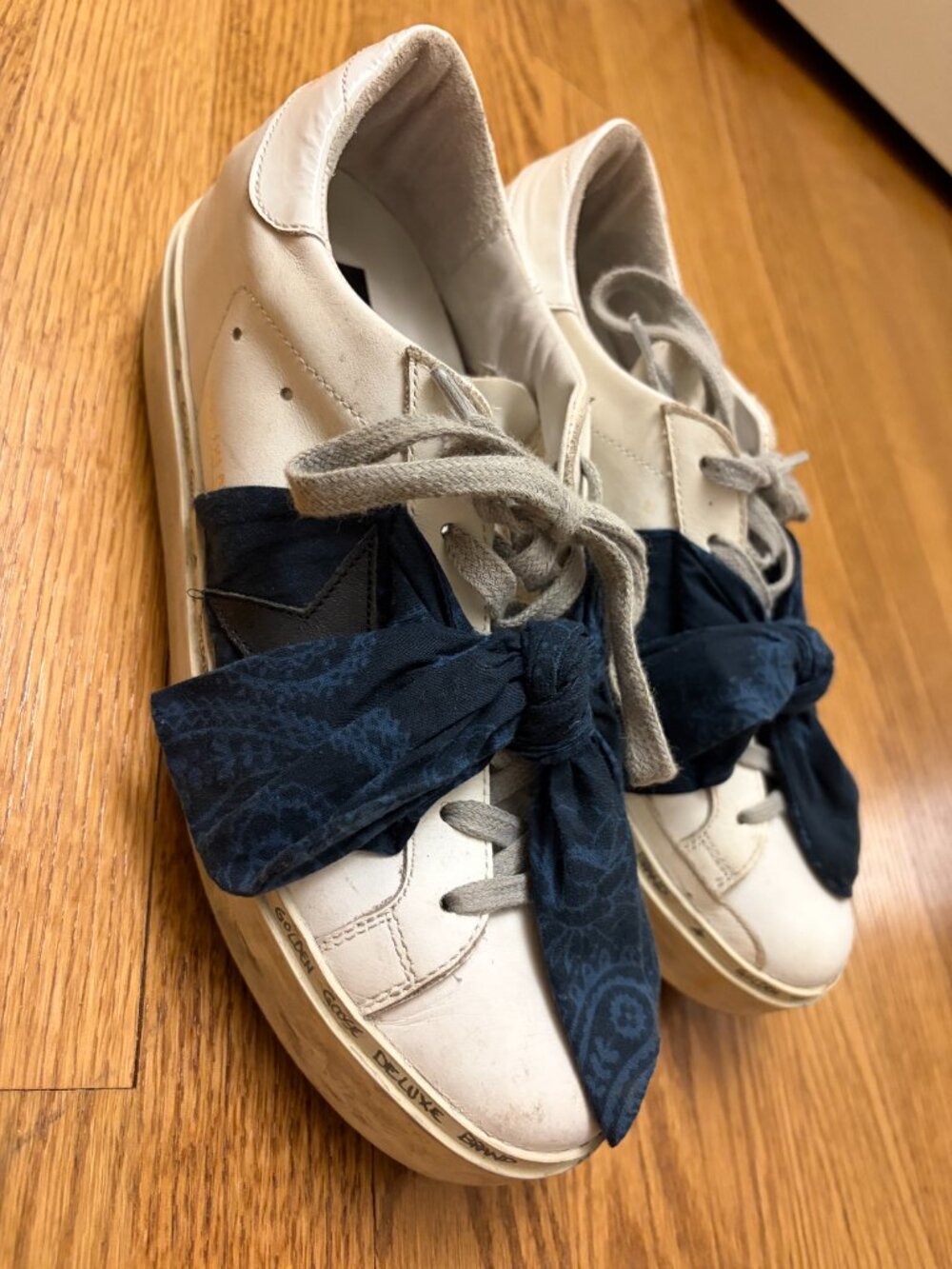 Golden Goose Hi Star Leather Sneakers White Navy Star Scarf Laces EU 38 US 8 - Picture 4 of 9